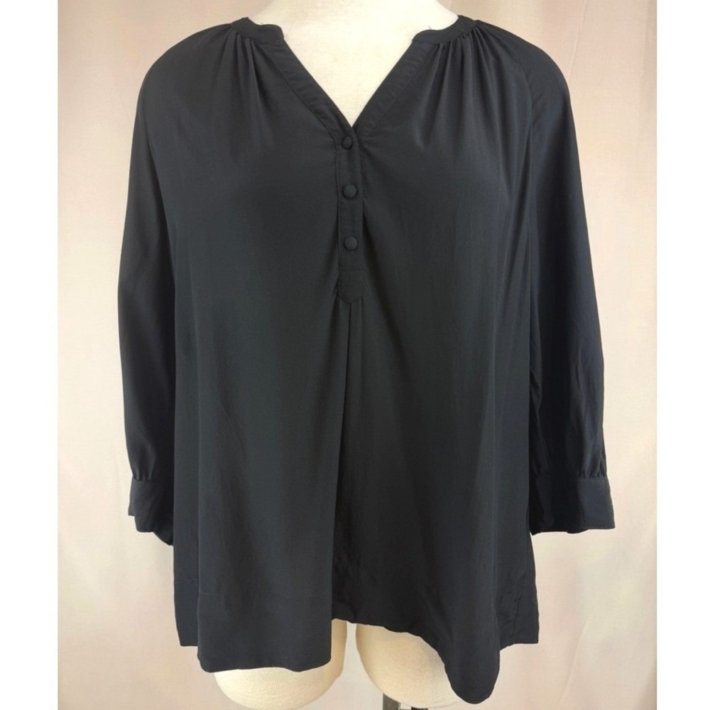 Joie|Womens Silk Popover Blouse M|Black V-Neck Button Cuffs Draped Flowy Goth
